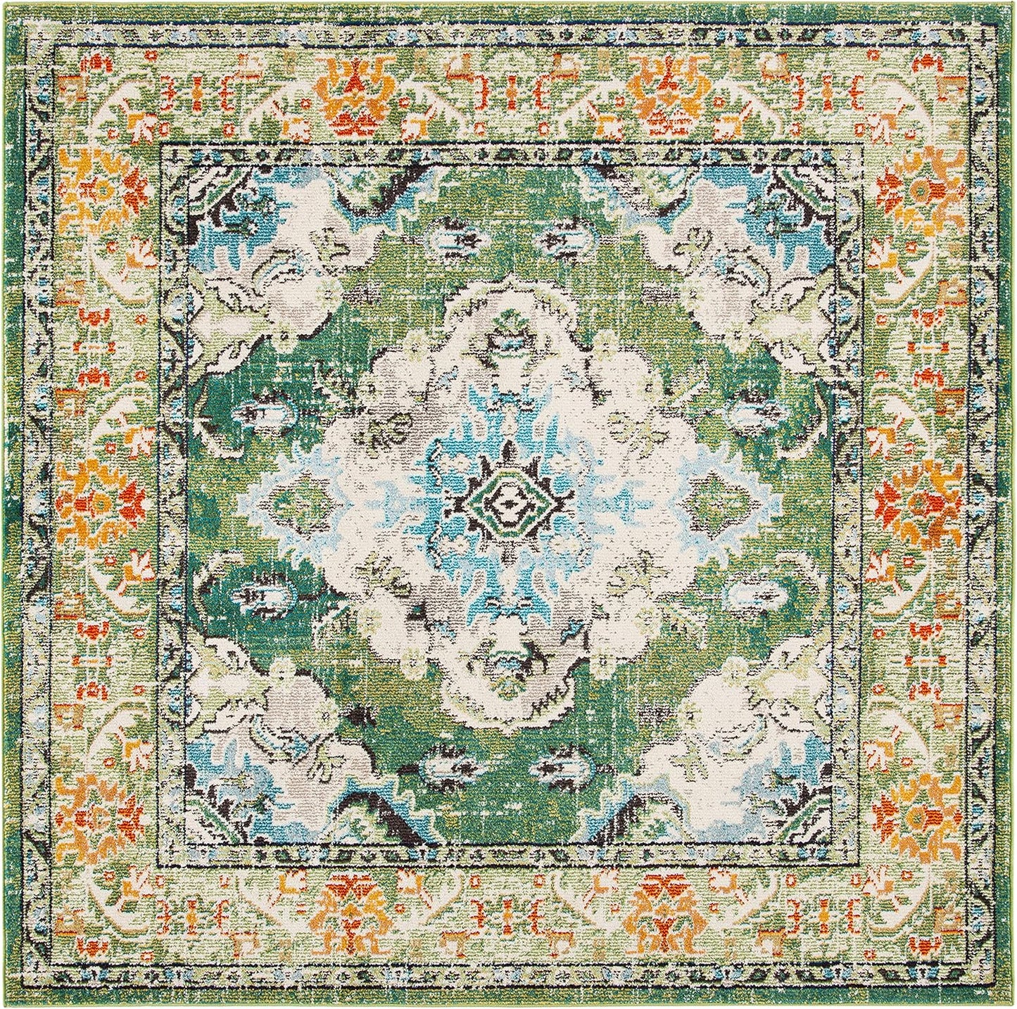 SAFAVIEH Monaco Collection Area Rug - 12' Square, Forest Green & Light Blue, Medallion Distressed Design, Non-Shedding & Easy Care, Ideal for High Traffic Areas in Living Room, Bedroom (MNC243F)