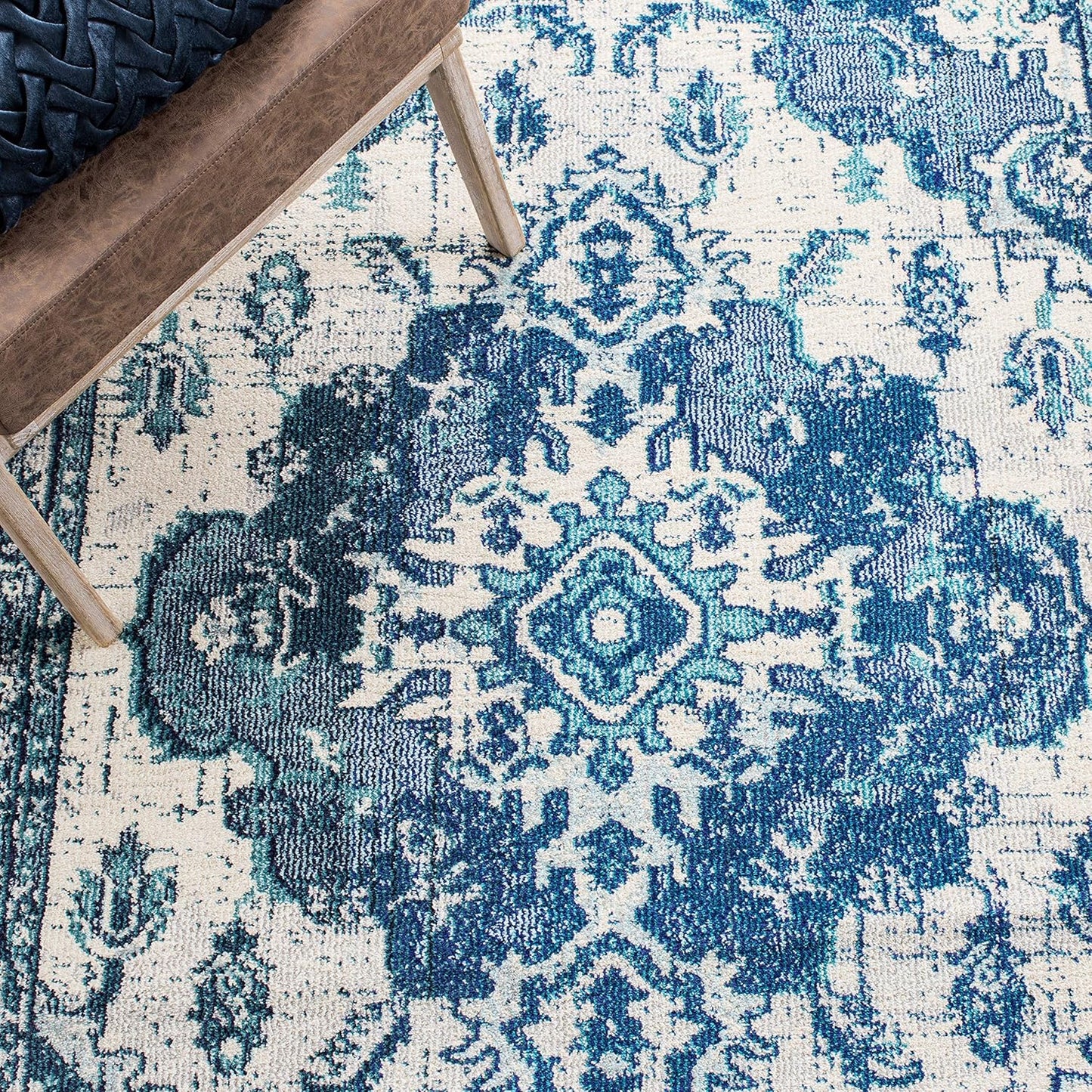 SAFAVIEH Monaco Collection Accent Rug - 4' x 5'7", Ivory & Blue, Boho Medallion Distressed Design, Non-Shedding & Easy Care, Ideal for High Traffic Areas in Entryway, Living Room, Bedroom (MNC243A)
