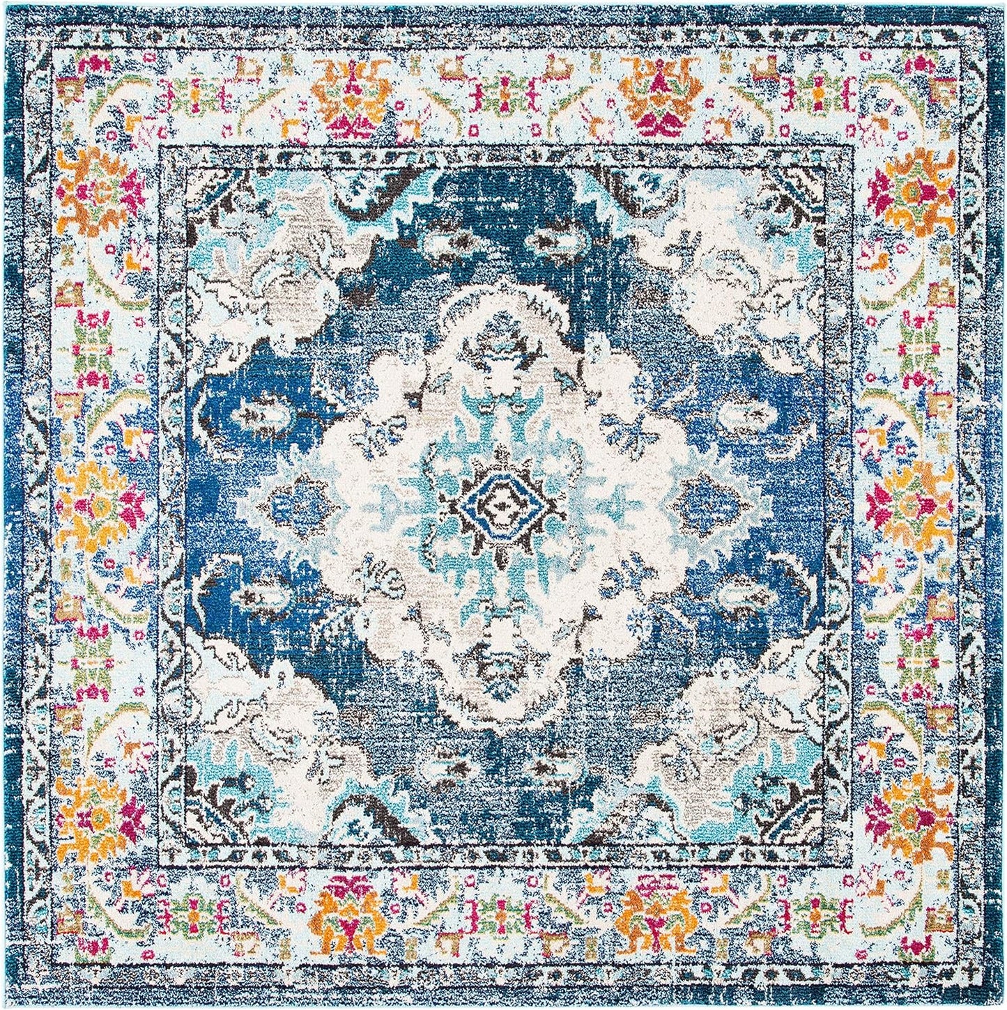 SAFAVIEH Monaco Collection Area Rug - 12' Square, Navy & Light Blue, Boho Chic Medallion Distressed Design, Non-Shedding & Easy Care, Ideal for High Traffic Areas in Living Room, Bedroom (MNC243N)