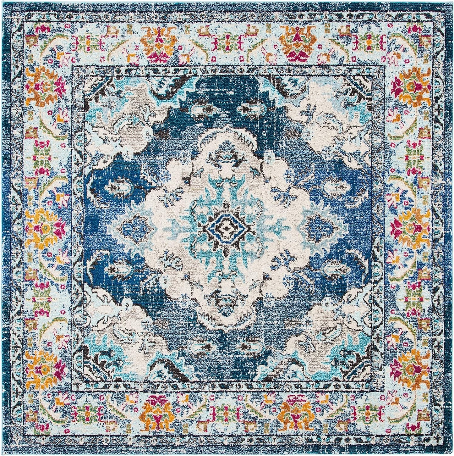 SAFAVIEH Monaco Collection Area Rug - 10' Square, Navy & Light Blue, Boho Chic Medallion Distressed Design, Non-Shedding & Easy Care, Ideal for High Traffic Areas in Living Room, Bedroom (MNC243N)