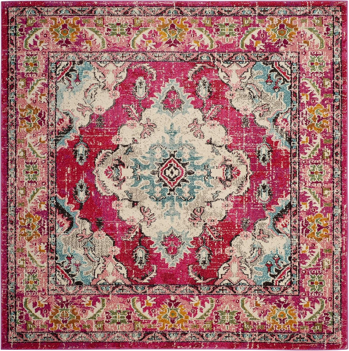 SAFAVIEH Monaco Collection Area Rug - 5' Square, Pink & Multi, Boho Chic Medallion Distressed Design, Non-Shedding & Easy Care, Ideal for High Traffic Areas in Living Room, Bedroom (MNC243D)